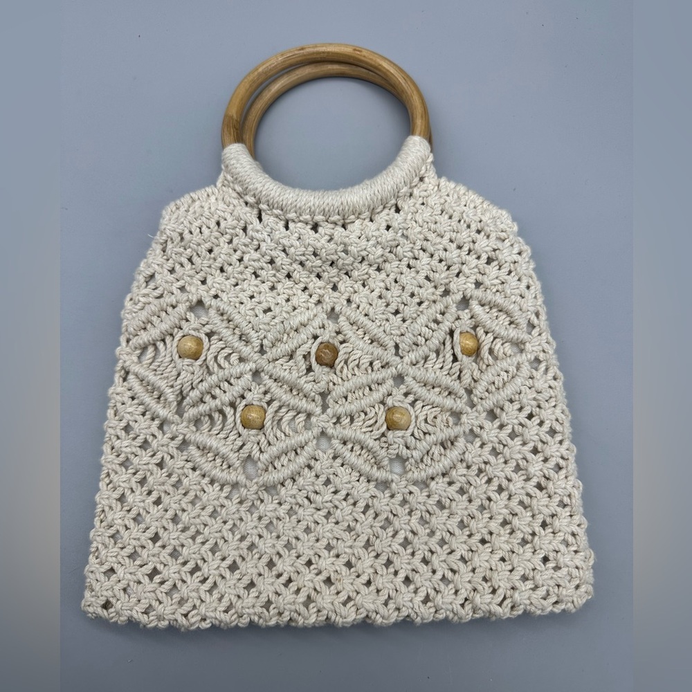 Macrame Wooden Handle Beaded Purse Hippie Boho Trendy